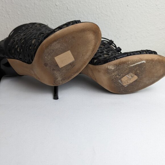 JIMMY CHOO Nappa/Shiny Fab Black Laser Cut Peep Toe Bootie - Size: 9 | IT 39 - Picture 6 of 7